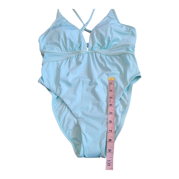 NWOT Bcbgmaxazria Plunging V-Neckline Shirr One Piece Swimsuit Aqua Blue Size 8 - Picture 16 of 17